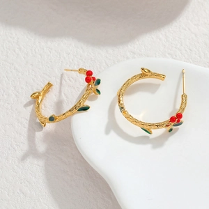 18k gold plated stainless steel cherry branch hoop earrings with red berries and green leaves