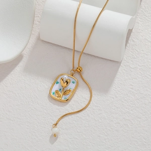 18k gold plated stainless steel tulip flower pendant necklace with pearls and turquoise