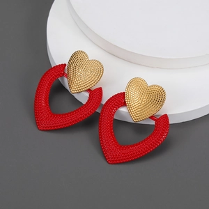 Textured Heart Drop Earrings Stainless Steel 18K Gold Plated Red Double Layer Retro Style Elegant Jewelry For Women