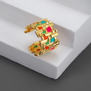 Colorful Enamel Stainless Steel Open Ring Woven Geometric Hollow Out 18K Gold Plated Band Jewelry For Women