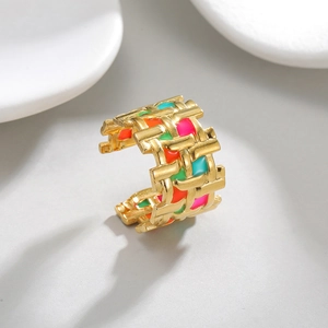 Colorful woven 18k gold plated stainless steel open ring with vibrant enamel grid inlay