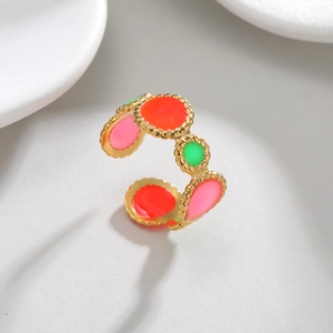 Adjustable 18k gold plated stainless steel ring with neon geometric enamel inlays