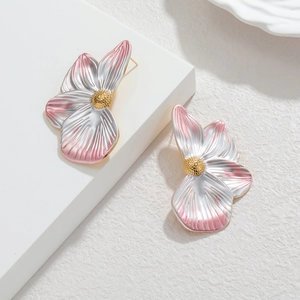 Elegant 18k gold plated stainless steel floral earrings with pink enamel petals