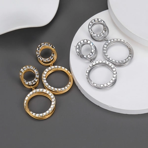 Stainless Steel Drop Earrings 18K Gold Plated Square Rhinestone Geometric Triple Circle Dangle For Women Luxury