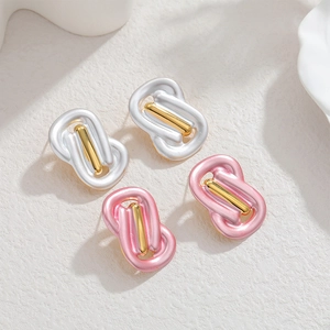 Minimalist 18k gold plated geometric knot earrings in pink and silver enamel finish