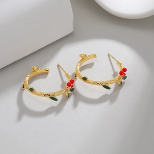 Elegant 18k gold plated C-shaped cherry earrings with green leaves and red berries