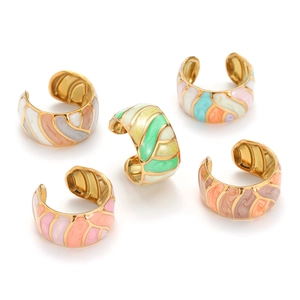 5-piece gold-plated C-shaped ear cuffs with colorful macaron enamel wavy patterns