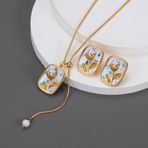Stainless Steel 18K Gold Plated Jewelry Set 3D Tulip Flower Enamel Artificial Pearl Rectangle Pendant Necklace Earrings French Vintage