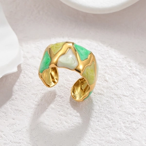 18K gold plated stainless steel geometric ring with colorful green enamel inlay design