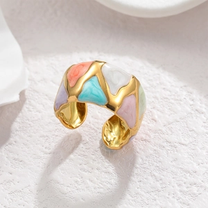 Minimalist 18k gold plated stainless steel open ring with colorful geometric enamel pattern