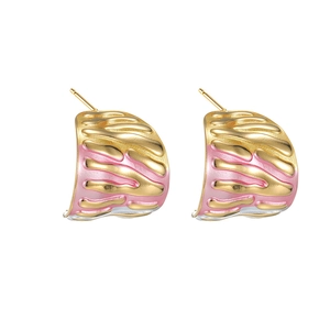 Modern 18k gold plated stainless steel C-shape earrings with pink enamel drip design