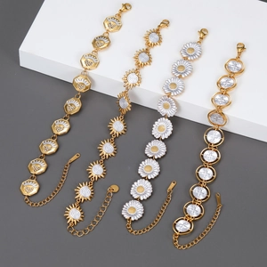 Stainless Steel Chain Bracelet 18K Gold Plated Sun Heart Daisy Enamel Adjustable Trendy Jewelry For Women