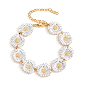 18K gold-plated stainless steel daisy flower bracelet with white enamel petals