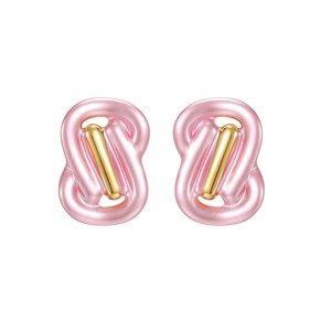 Modern twisted 18k gold and pink lacquer earrings with geometric woven line design