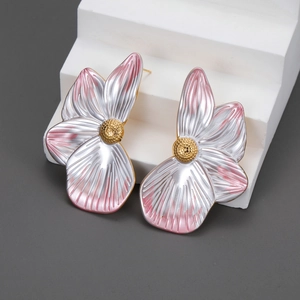 3D Flower Earrings Stainless Steel 18K Gold Plated Gradient Pink Silver Petal Large Retro Statement Jewelry For Women