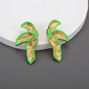 Boucles D'oreilles Feuille De Palmier Tropicale Acier Inoxydable Plqué Or 18K Émail Vert Design De Niche Mode Vintage Femmes