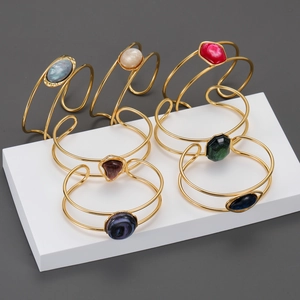 Open Bangle Bracelet 18K Gold Plated Stainless Steel Resin Inlaid Stone Geometric Minimalist Ins Style For Women