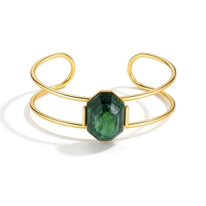 Minimalist 18k gold plated open bangle with hexagonal green malachite stone inlay