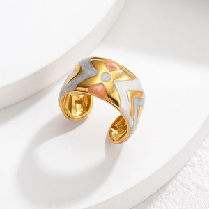 18k gold plated irregular geometric ring with colorful enamel star patterns
