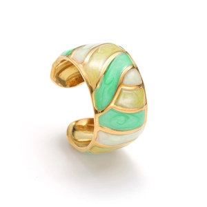 Retro wide open ring in 18k gold plated stainless steel with green and white enamel