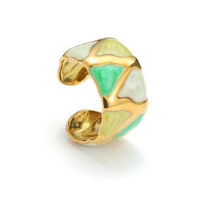 18k gold plated stainless steel open ring with green and white geometric enamel patterns