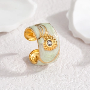 Green enamel sunflower wide open ring with zircon inlay and premium golden finish
