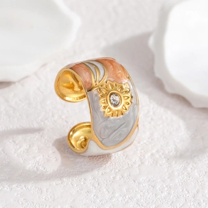 18k gold plated stainless steel sunflower ring with artistic enamel drip oil textures