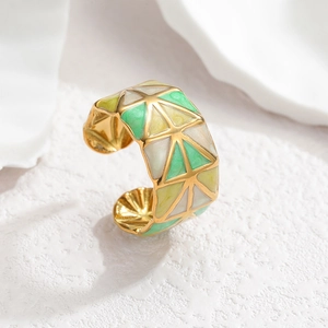 Adjustable gold stainless steel ring with colorful geometric enamel mosaic design