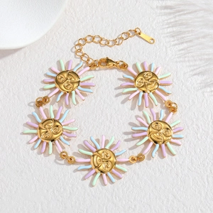 Gold-plated stainless steel bracelet with colorful sun smiley face charms and lobster clasp