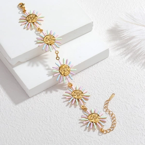 18k gold plated stainless steel sunflower bracelet with colorful macaron enamel smiles