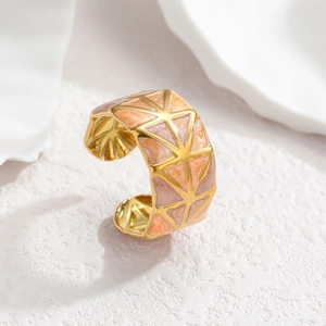 18k gold plated stainless steel open ring with orange marble enamel triangle design