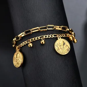 Golden double-layer stainless steel bracelet with coin pendants and religious relief