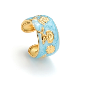 Minimalist gold stainless steel open ring with light blue enamel and floral pattern