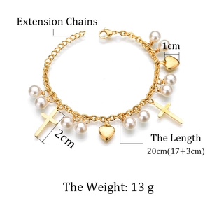 Bracelet bohème doré avec perle, cœur et croix, détails de longueur de chaîne 20cm