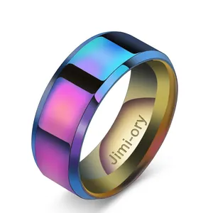 Macro detail of aurora gradient stainless steel ring with polished purple and blue finish