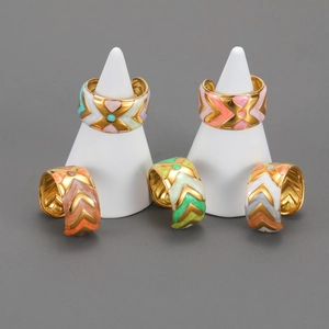 Vintage Geometric Enamel Open Ring 18K Gold Plated Stainless Steel Adjustable Wide Band Statement Jewelry For Women