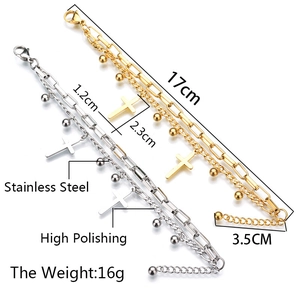 Double-layered 18k gold plated stainless steel paperclip chain bracelet with cross charms