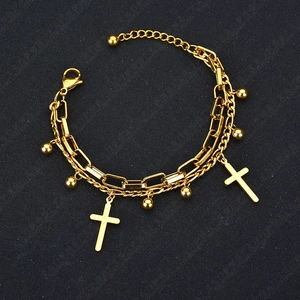 Layered Chain Bracelet Stainless Steel Cross Pendant Polished Beads Religious Fashion Jewelry For Women Adjustable
