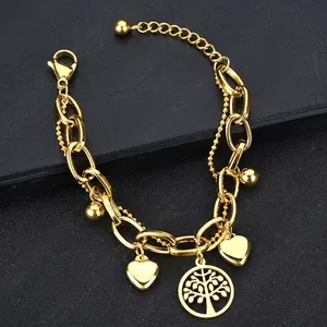 Bracelet double couche arbre de vie plaqué or 18k avec breloques cœur et fermoir homard