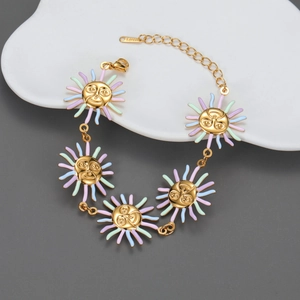 Sun Face Link Bracelet Stainless Steel Gold Plated Colorful Enamel Macaron Sun Smiley Dainty Jewelry For Women