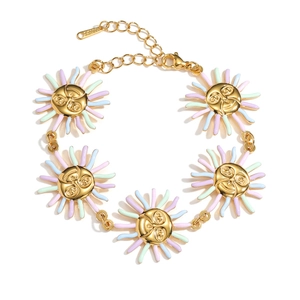 18k gold plated stainless steel sun face bracelet with colorful enamel sunburst charms