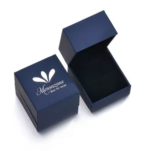 Minimalist navy blue fabric ring box with black velvet lining and silver logo