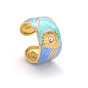 18k gold-plated C-shaped sunflower ring with blue enamel clouds and zircon center