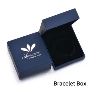 Minimalist deep blue bracelet jewelry box with velvet lining and silver logo branding