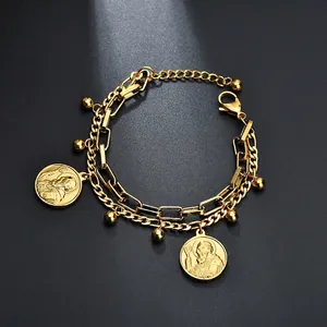 Double Layer Bracelet Stainless Steel Religious Portrait Coin Pendant Beads Paperclip Chain Adjustable Retro Bohemian
