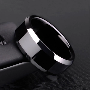 Minimalist wide black stainless steel ring with mirror polished finish and beveled edges