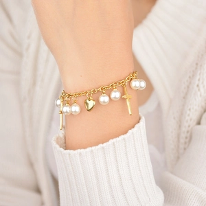 Bracelet À Breloques En Acier Inoxydable Plaqué Or Avec Croix Cœur Et Künstliche Perle D'imitation Pour Femmes Bijoux Bohèmes
