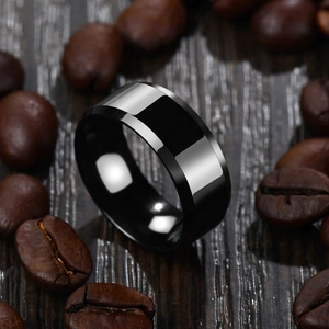 Polished two-tone silver and black industrial style stainless steel ring for men