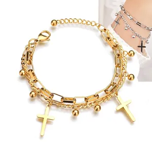 Double-layered 18k gold plated cross bracelet with beads and adjustable lobster clasp