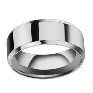 Polished silver stainless steel band ring with flat wide edge and mirror finish